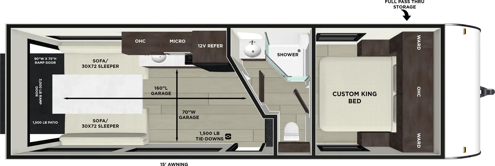 The Wildwood FSX 260RTK floorplan is a toy hauler that has one entry and zero slide outs. Exterior features include: fiberglass exterior and 15' awning. Interiors features include: front bedroom and pass through bathroom.